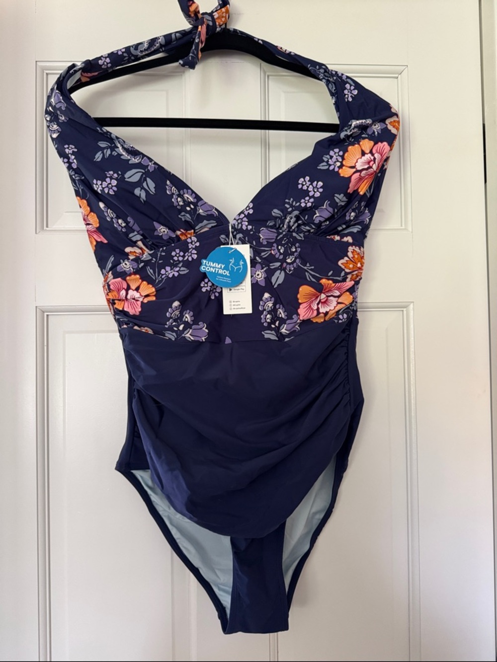 NEW Cupshe Navy Floral Halter One-Piece Swimsuit with Pink and Orange Accents